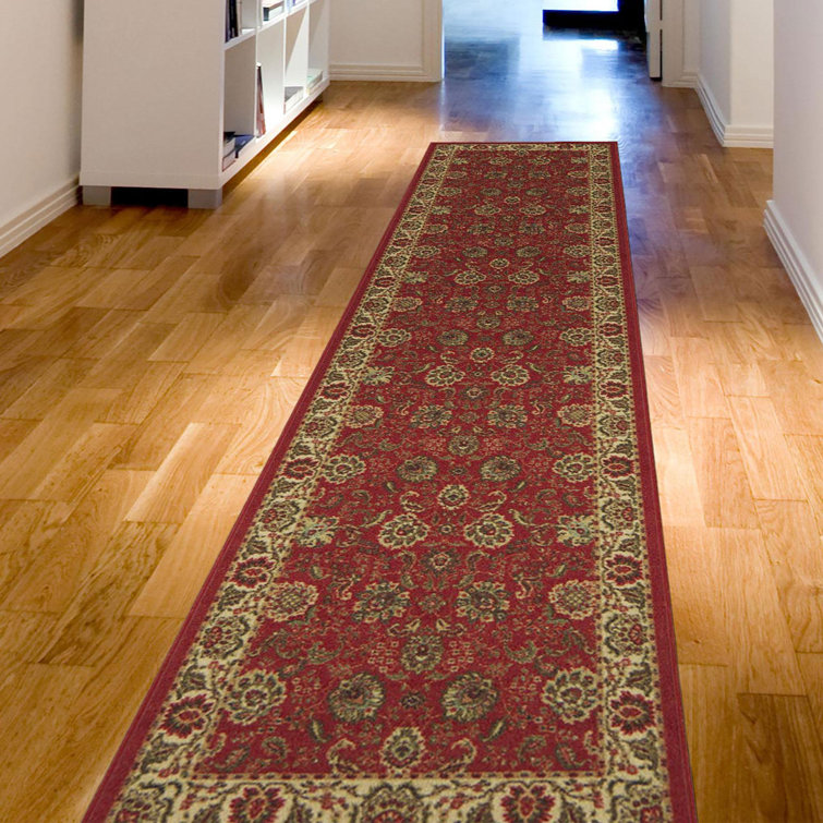 Dark Red Floral Non-Slip Synthetic Runner Rug