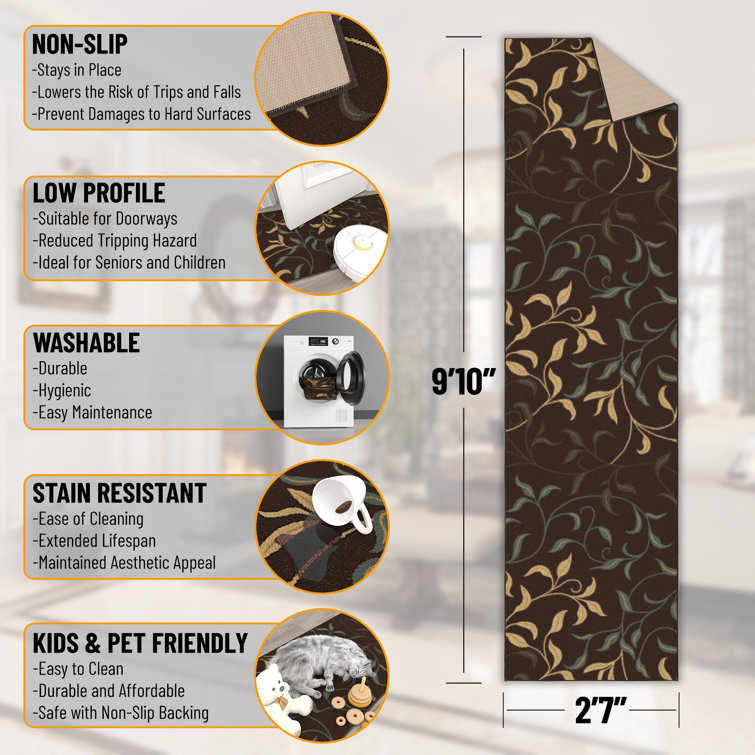 Brown Leaves Design Non-Slip Runner Rug, 2'7" x 9'10"