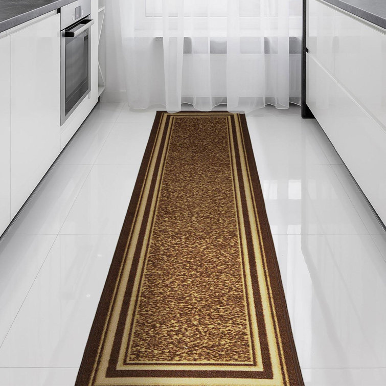 Brown and Beige Bordered Runner Rug with Non-Slip Backing