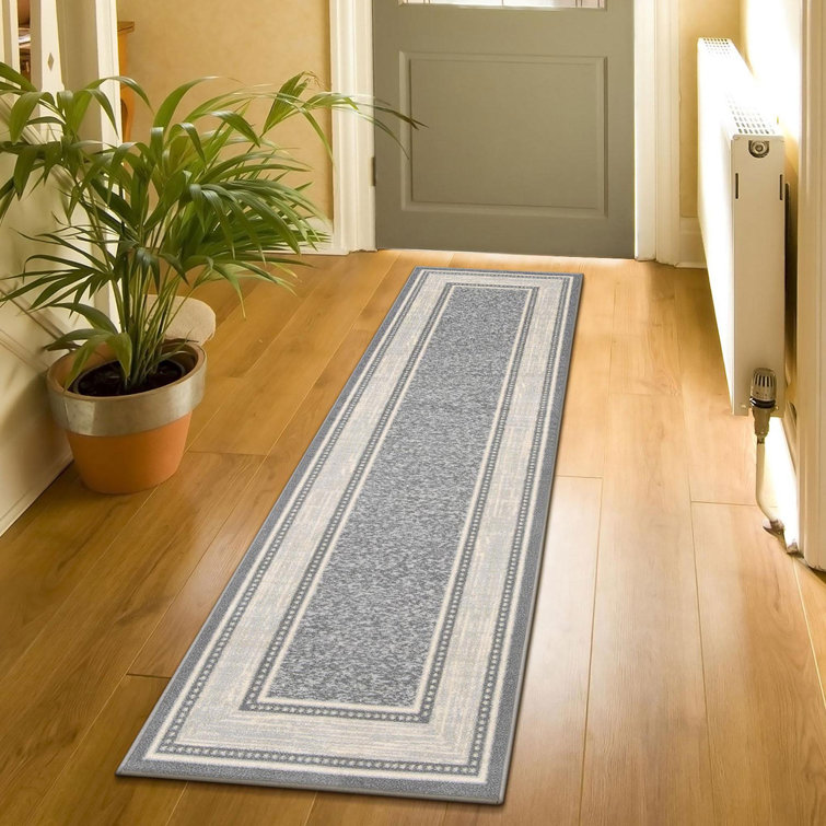 Gray Washable Non-Slip Synthetic Runner Rug with Bordered Design