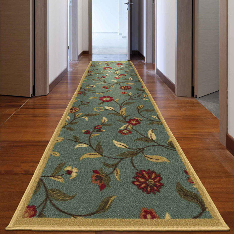 Seafoam Green Floral Non-Slip Hallway Runner Rug