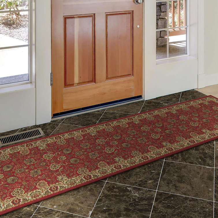 Dark Red Floral Non-Slip Synthetic Runner Rug