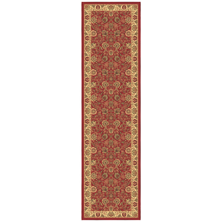 Dark Red Floral Non-Slip Synthetic Runner Rug