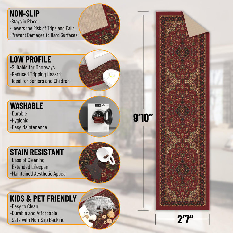 Red Oriental Design Washable Non-Slip Runner Rug