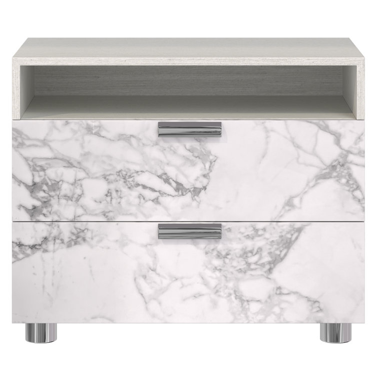 Gray Marble 2-Drawer Nightstand with USB Ports