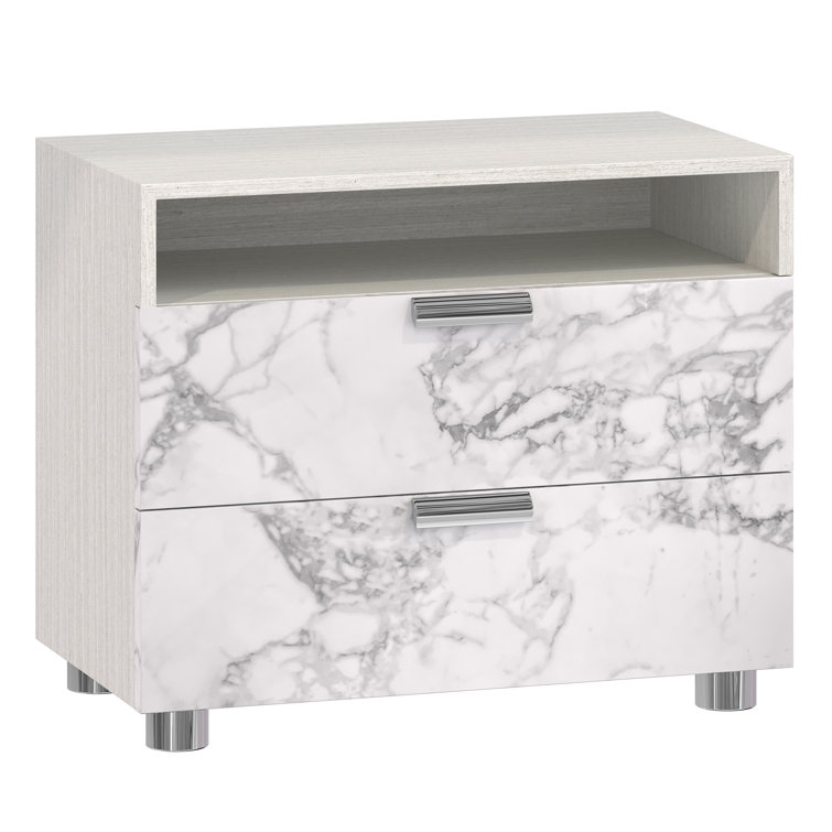 Gray Marble 2-Drawer Nightstand with USB Ports