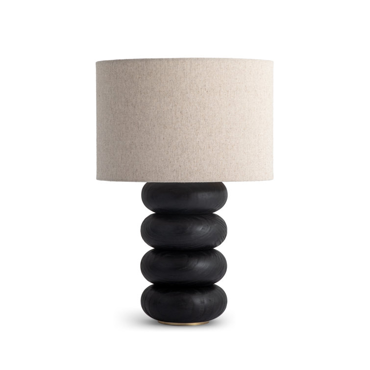Black Solid Oak Table Lamp with Natural Linen Shade