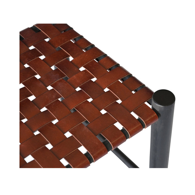Burgundy Genuine Leather and Solid Wood Accent Stool