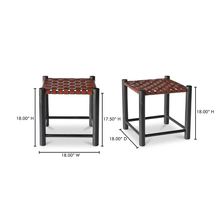 Burgundy Genuine Leather and Solid Wood Accent Stool