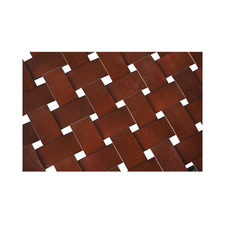 Burgundy Genuine Leather and Solid Wood Accent Stool