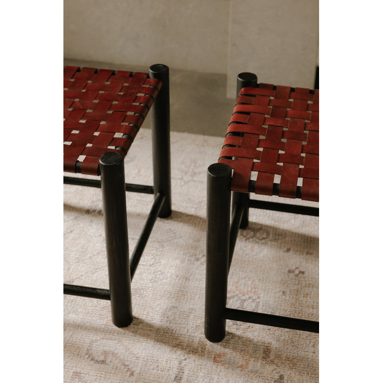 Burgundy Genuine Leather and Solid Wood Accent Stool