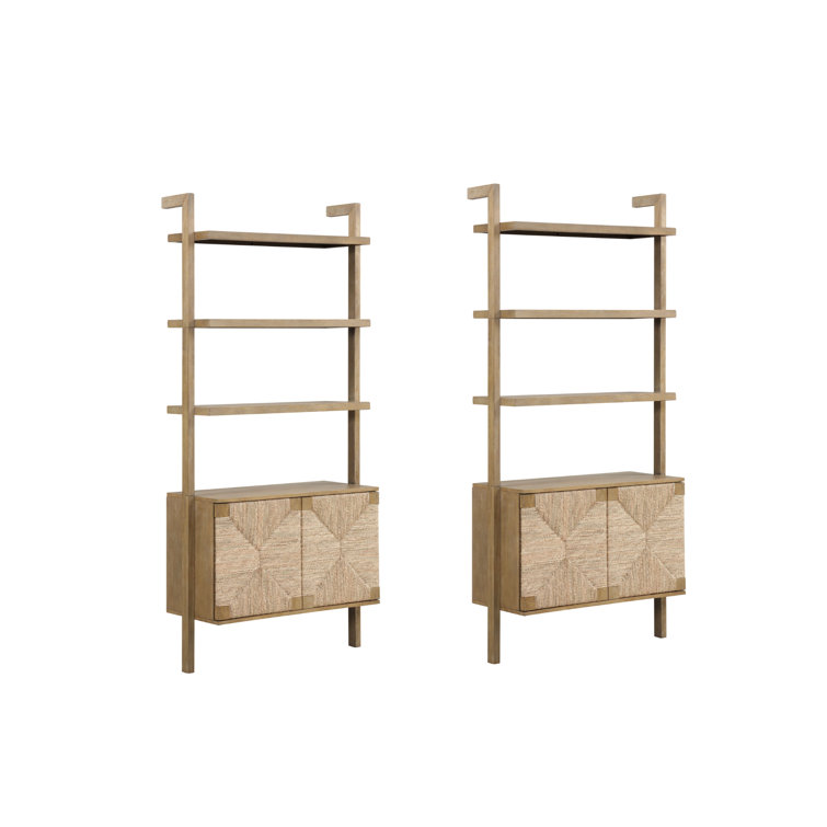 Nathan James Light Brown Solid Wood Ladder Bookcase with Seagrass Doors
