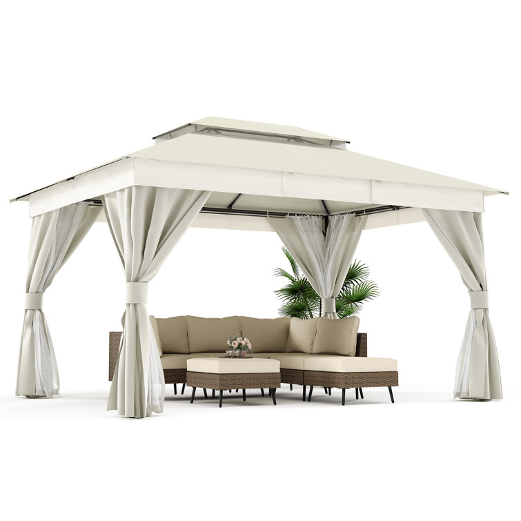 Creamy White Steel Patio Gazebo with Mosquito Netting and Curtains