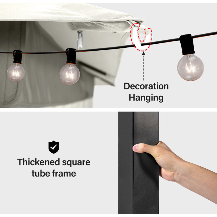 Creamy White Steel Patio Gazebo with Mosquito Netting and Curtains