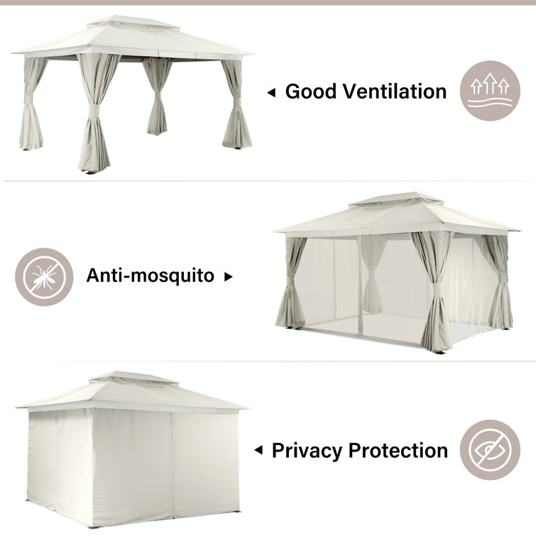 Creamy White Steel Patio Gazebo with Mosquito Netting and Curtains