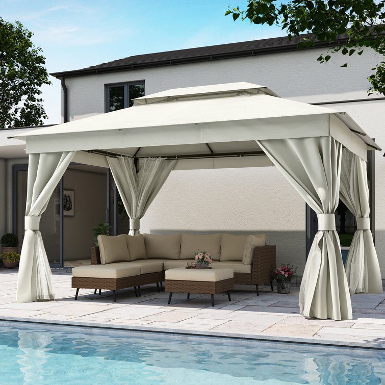Creamy White Steel Patio Gazebo with Mosquito Netting and Curtains