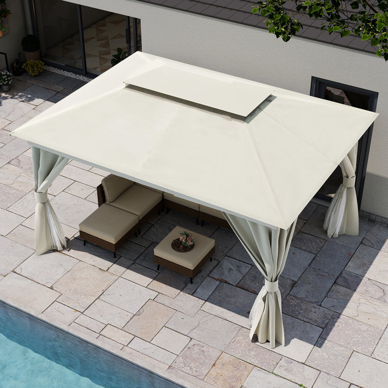 Creamy White Steel Patio Gazebo with Mosquito Netting and Curtains