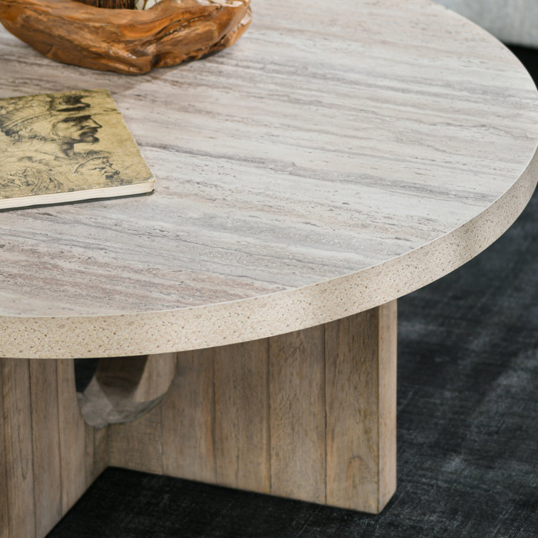 Talbot 42" Round Light Brown Wood and Concrete Coffee Table