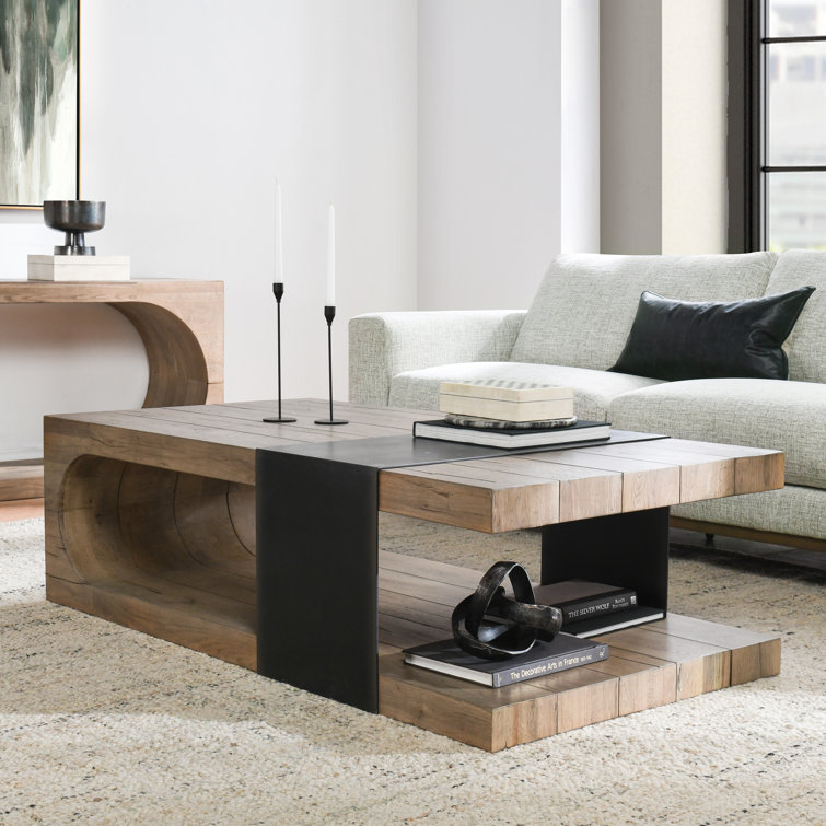 Danica 62" Natural Oak Wood Coffee Table with Black Iron Accent