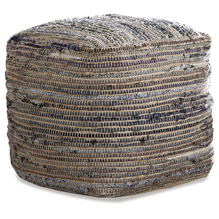 Contemporary Boho-Chic 16" Beige and Blue Square Pouf Ottoman