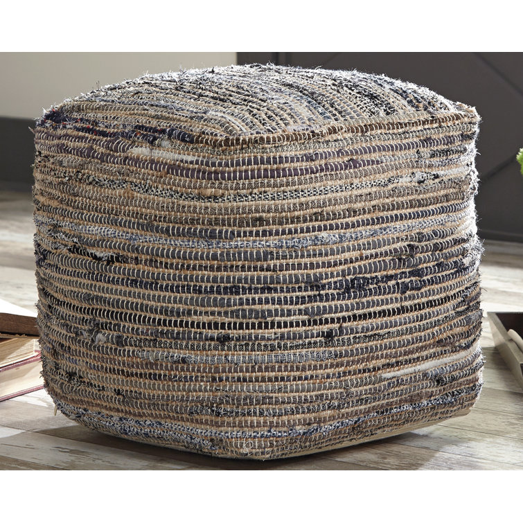 Contemporary Boho-Chic 16" Beige and Blue Square Pouf Ottoman