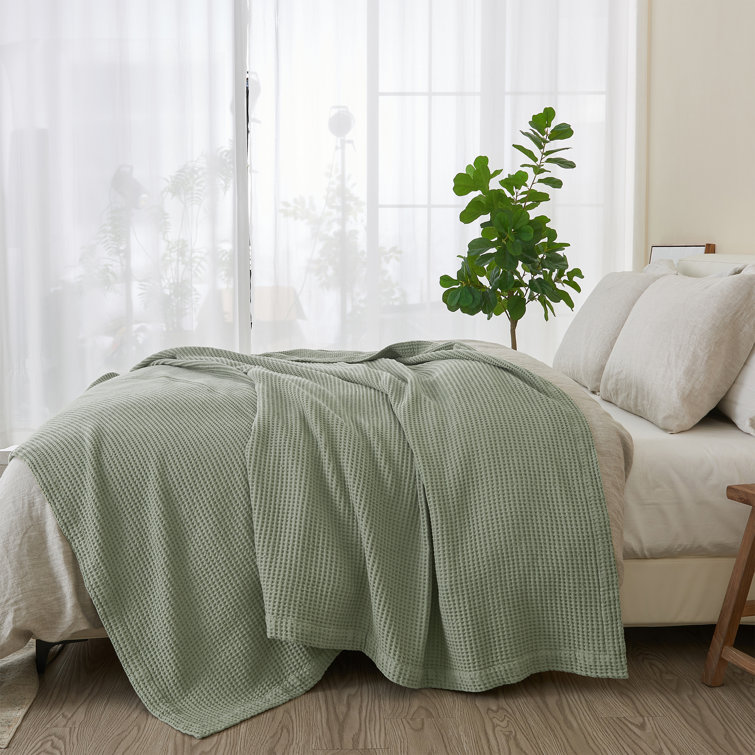 Sage Cotton Waffle Weave Knit Throw Blanket