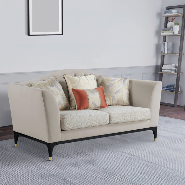 Beige Velvet Tufted Loveseat with Gold-Capped Wood Legs, 71"