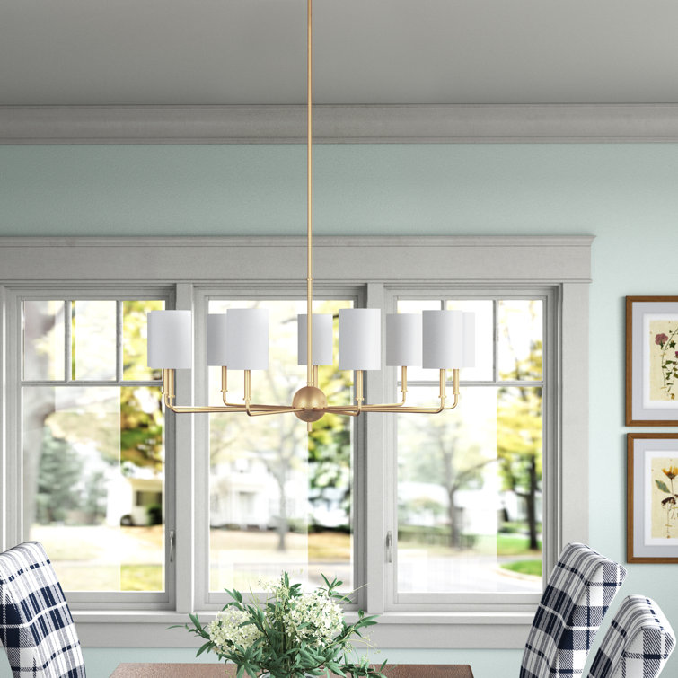 Satin Brass 9-Light Chandelier with Cream Linen Shades