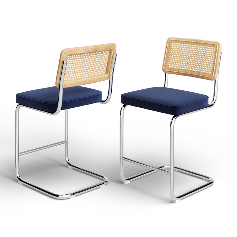 Sapphire Blue Velvet and Chrome Counter Stools, Set of 2