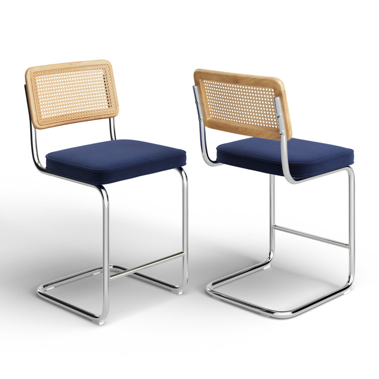 Sapphire Blue Velvet and Chrome Counter Stools, Set of 2
