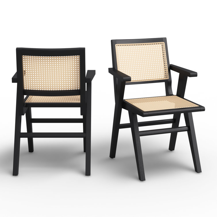 Elegant Coastal Black Wood and Natural Cane Armchair, 23"x33"