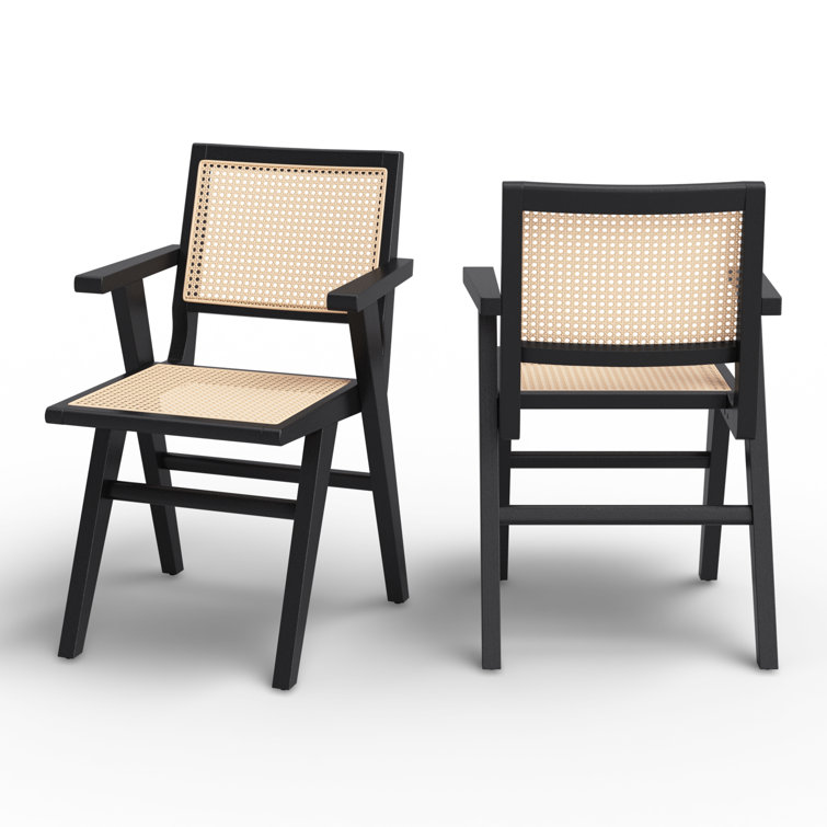 Elegant Coastal Black Wood and Natural Cane Armchair, 23"x33"