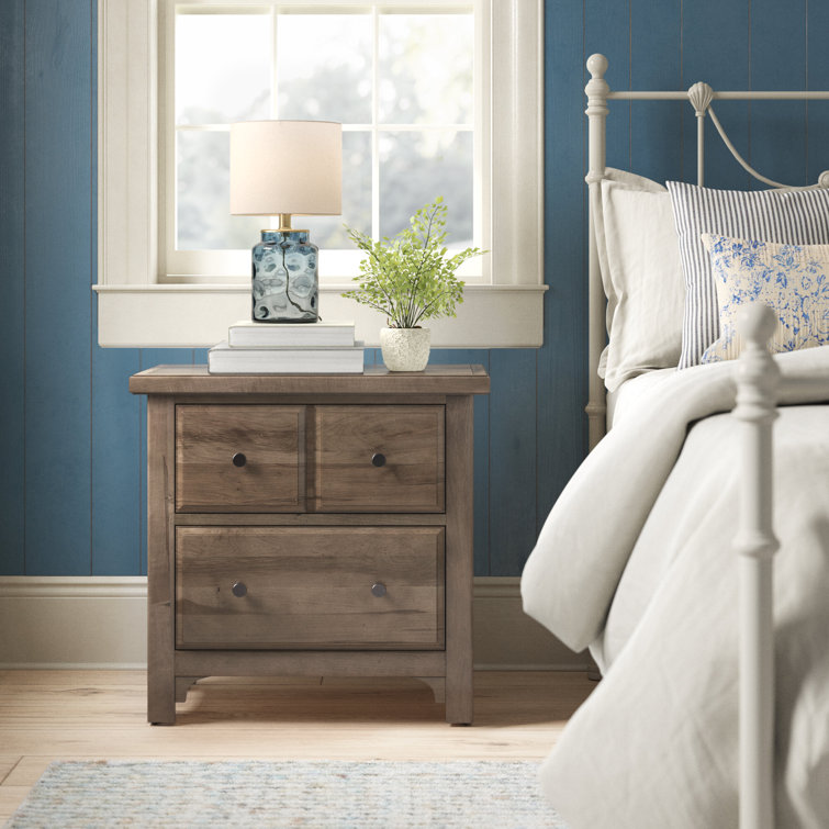 Gray Oak 2-Drawer Solid Wood Nightstand with Pewter Handles