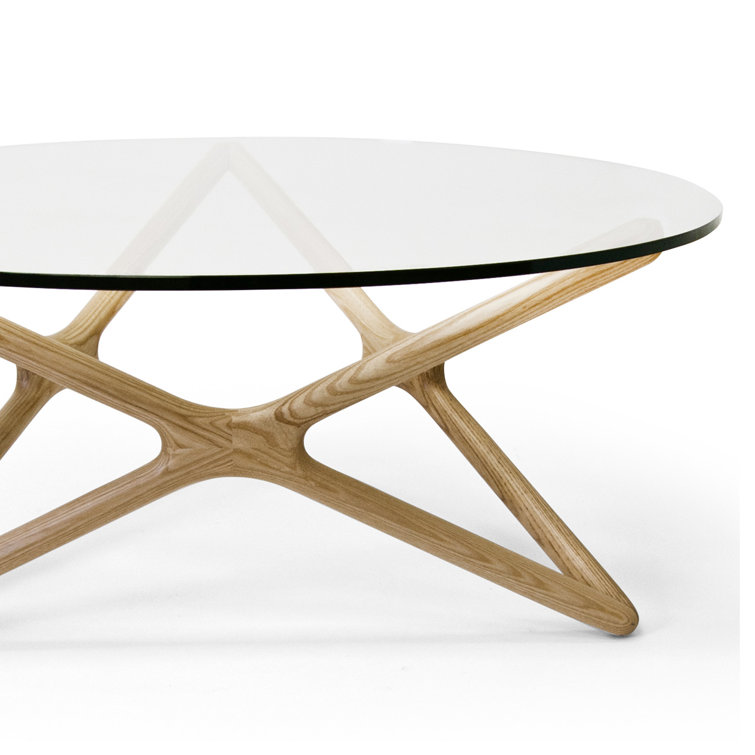 Natural Wood X-Leg Round Glass Coffee Table