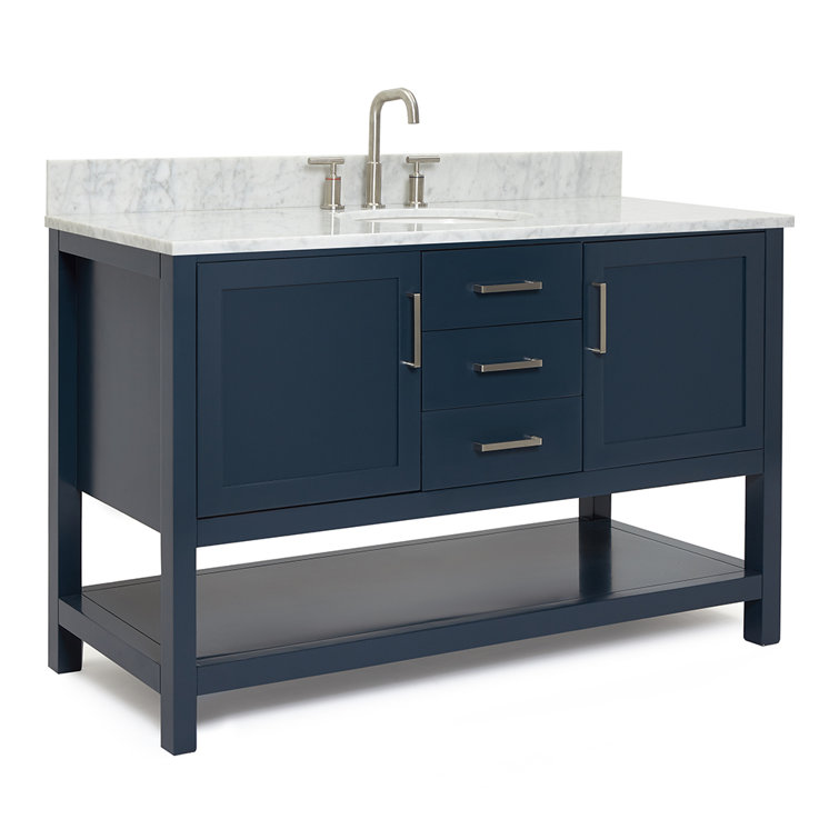 Midnight Blue Single Vanity with White Marble Top, 55"