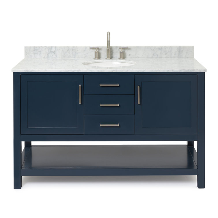 Midnight Blue Single Vanity with White Marble Top, 55"