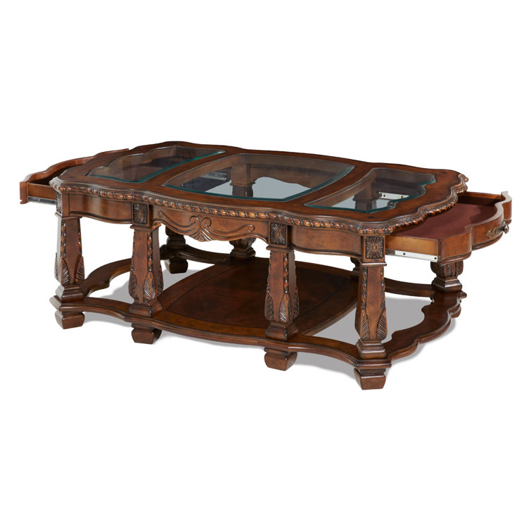 Traditional Windsor Court 54'' Brown Wood and Glass Coffee Table with Storage