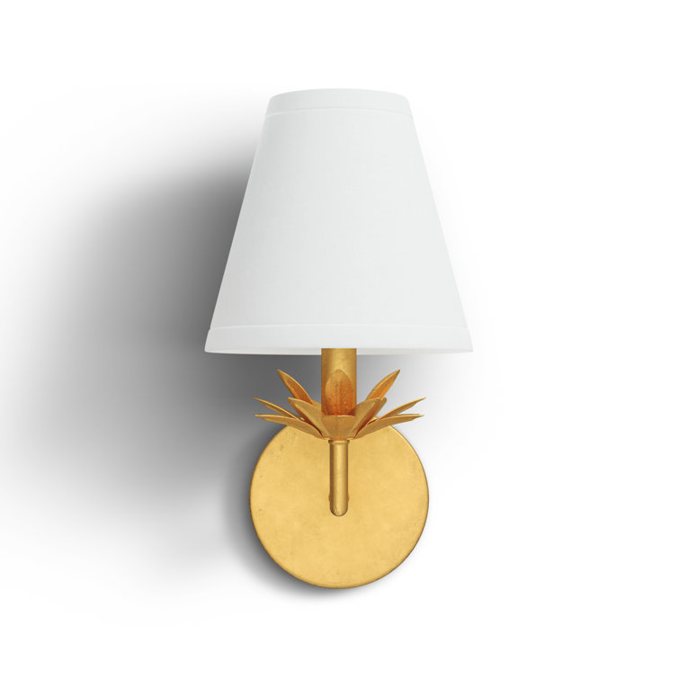 True Gold Floral Bobeche Wall Sconce with White Linen Shade