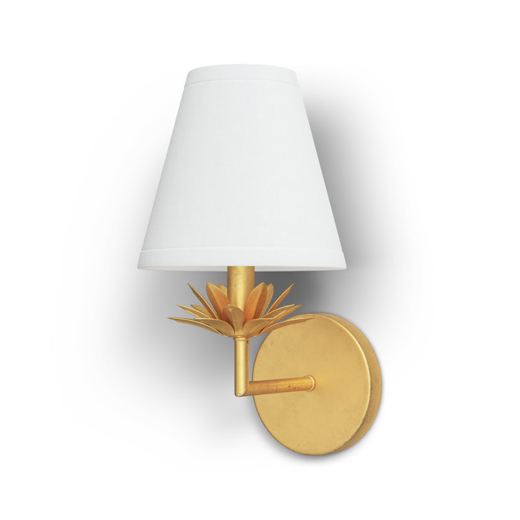 True Gold Floral Bobeche Wall Sconce with White Linen Shade