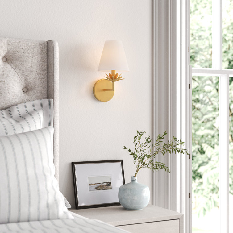 True Gold Floral Bobeche Wall Sconce with White Linen Shade