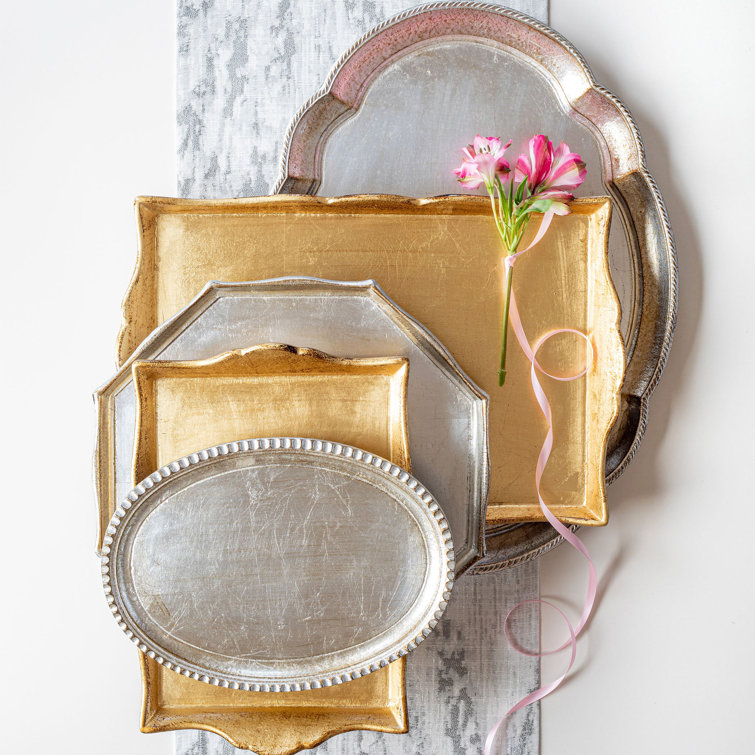 Gold Leaf Handled Small Rectangular Wooden Tray