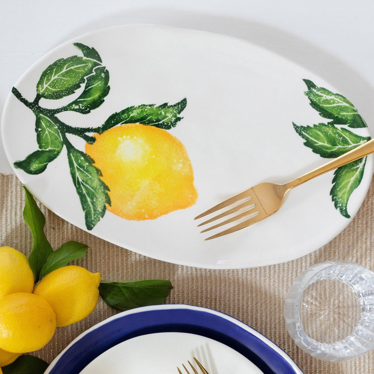 Yellow Ceramic Oval Platter with Lemon Design