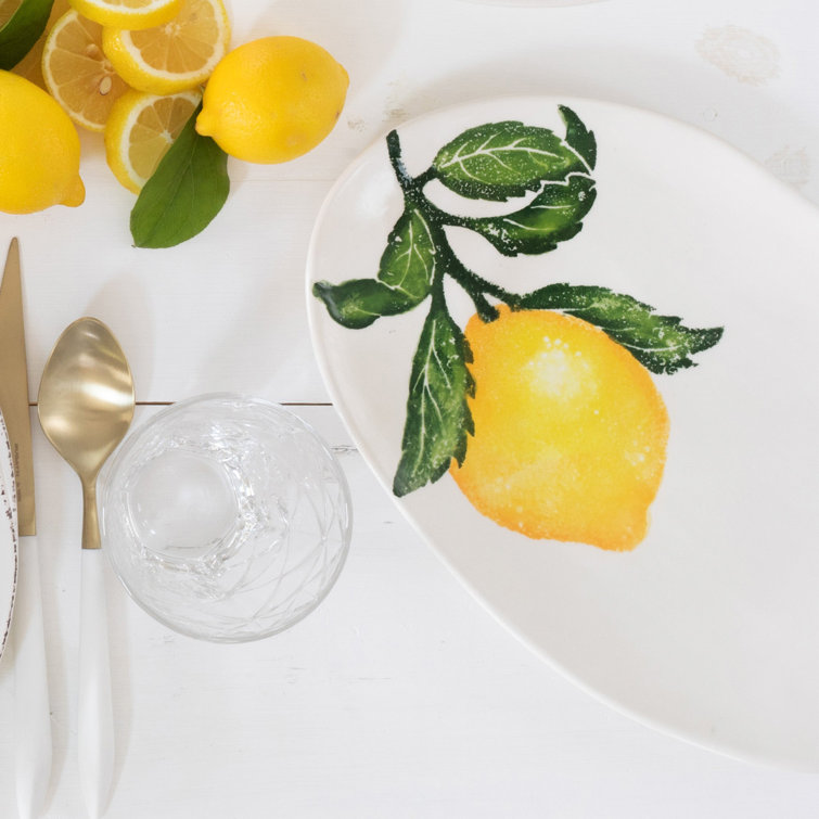 Yellow Ceramic Oval Platter with Lemon Design