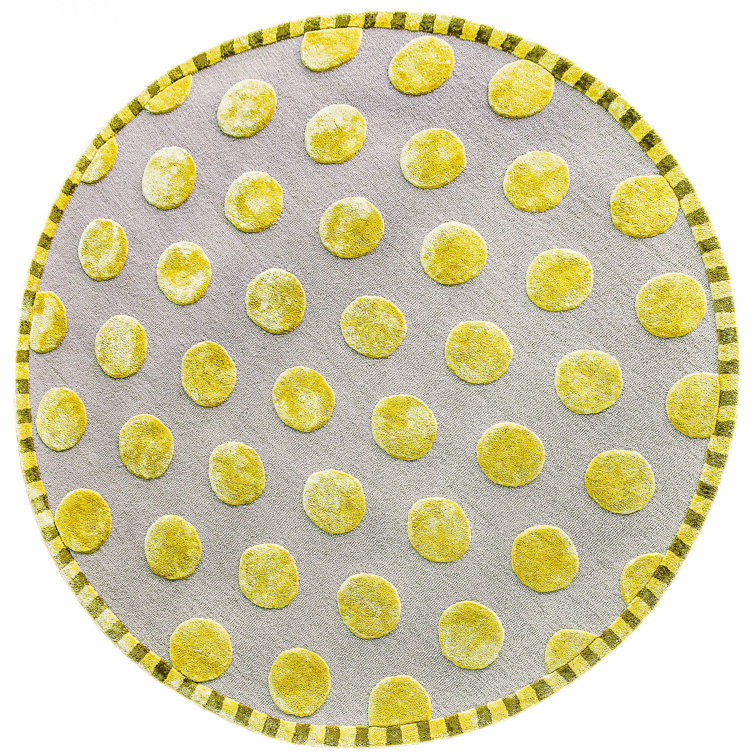 Gray and Chartreuse Hand Hooked Wool Round Rug