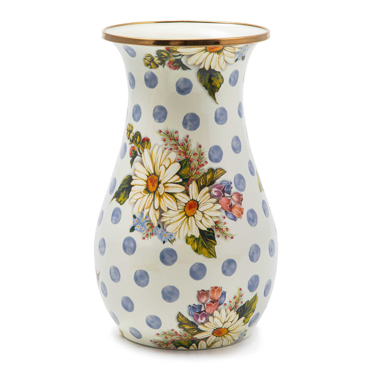 Blue Floral Polka Dot Tulip Vase with Bronze Rim