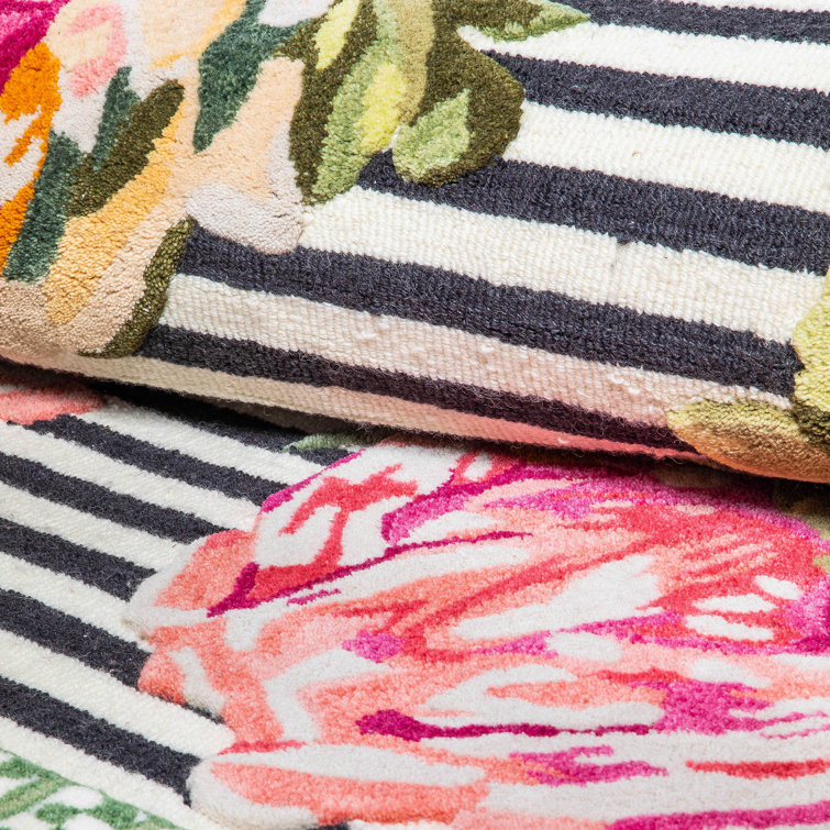 Black and Pink Floral Wool Viscose Handmade Rug