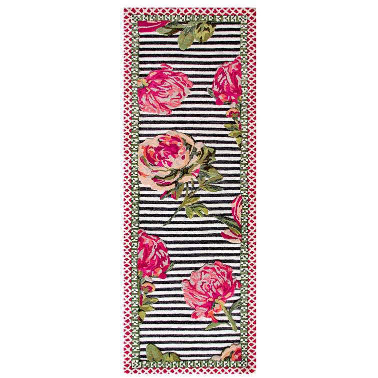 Black and Pink Floral Hand Hooked Wool Round Rug