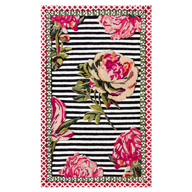 Handmade Black and Pink Floral Wool Viscose Rug