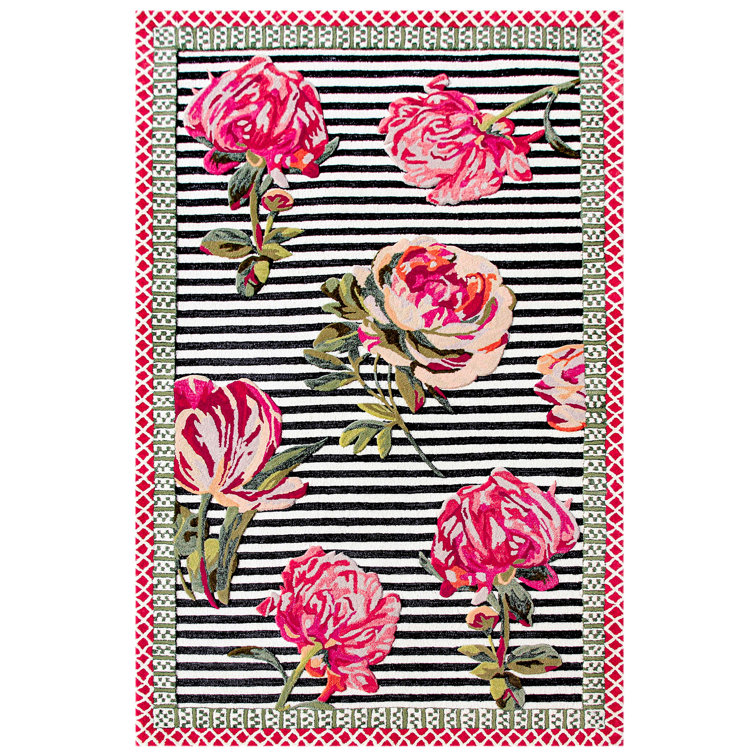 Black and Pink Floral Wool Viscose Handmade Rug