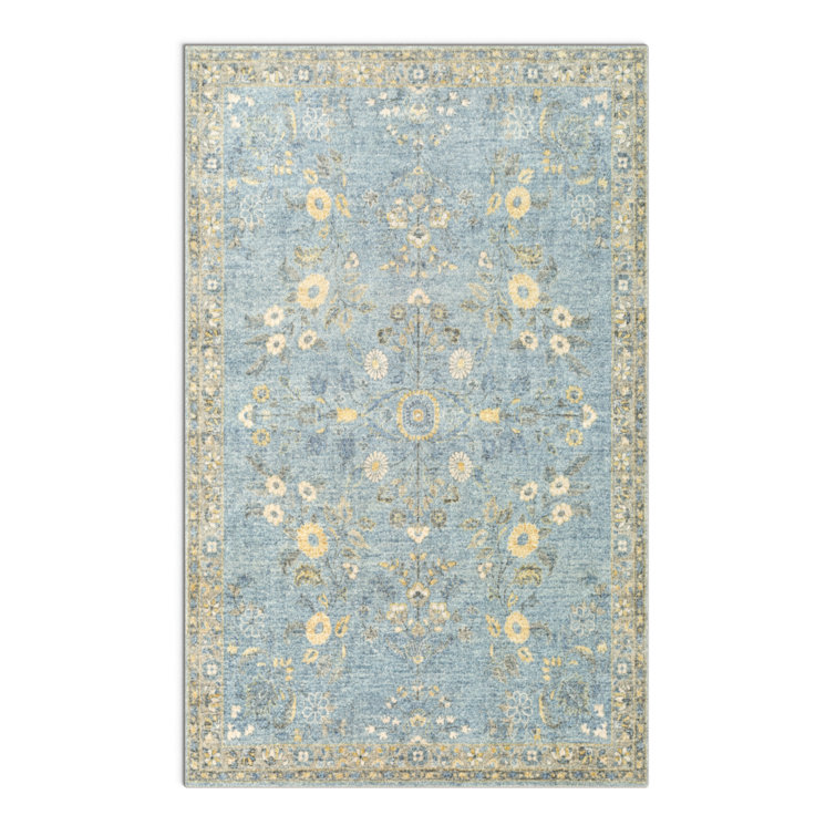 Blue Rectangular Oriental Synthetic Easy Care Rug